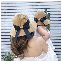 2024 Mother Kids Straw Hat Baby Girl Big Bow Beach Cap Big Brim Summer Sun Hat Adult Sun Hat Women Bucket Hat Panama Caps