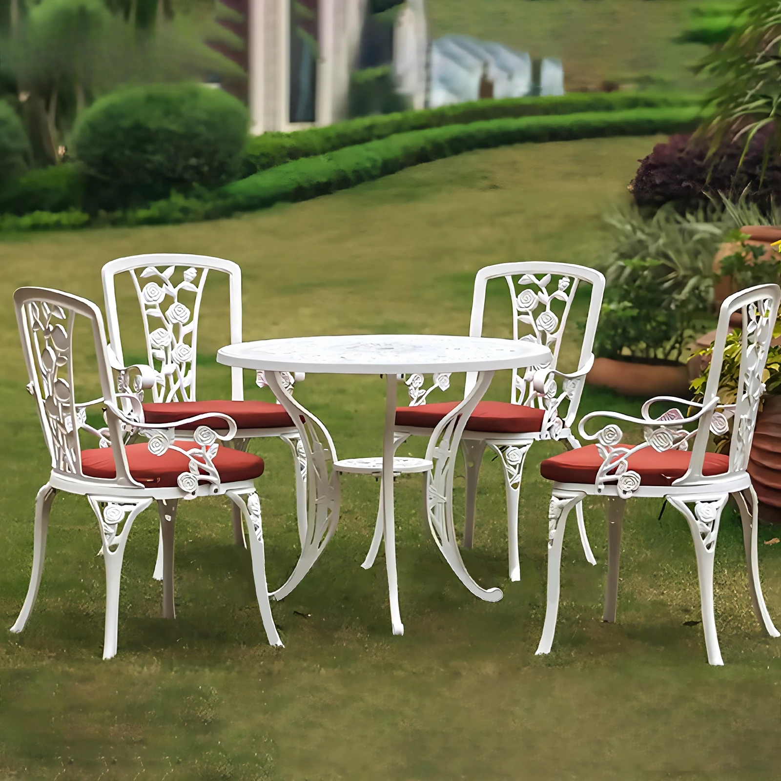 2023 Outdoor Garden Furniture Set Patio White Rose Design Table and 4 Chairs