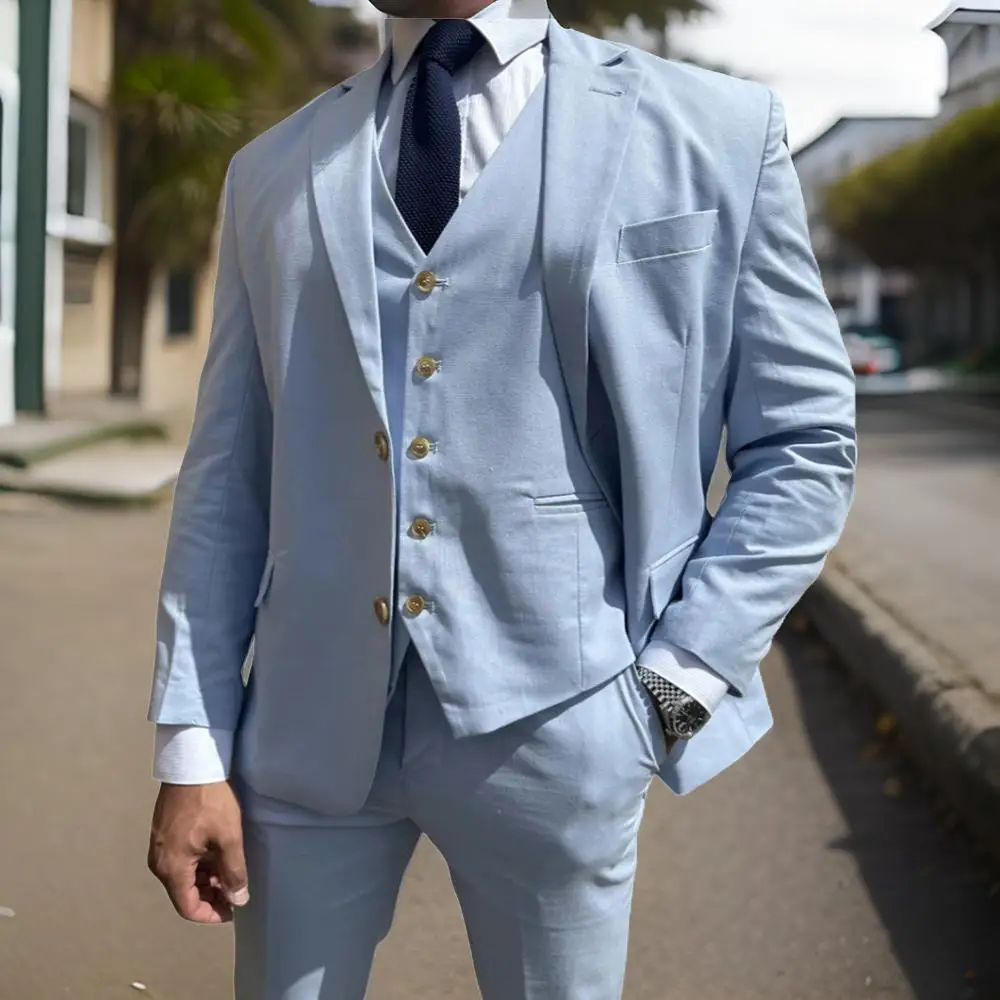 

Sky Blue Linen Men Suits for Outdoors Summer Party 2025 Custom Made Wedding Groom Tuxedo 3 Pcs Male Fashion Jacket Vest Pants