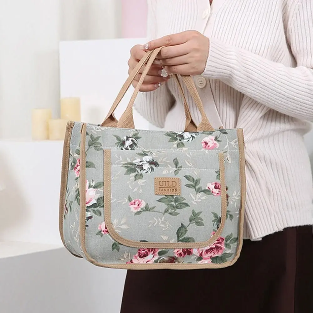 

Portable Insulated Floral Print Lunch Bag Foil Lining Flower Thermal Picnic Bag Large Capacity Zippered Tote Bag Worker