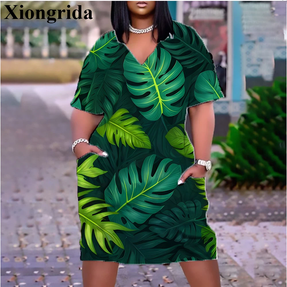 Women's Dress Tropical Leaf Printed Midi T-shirts Dress V-Neck Loose Mini Dress 3D Print Fashion Short Sleeve Dresses
