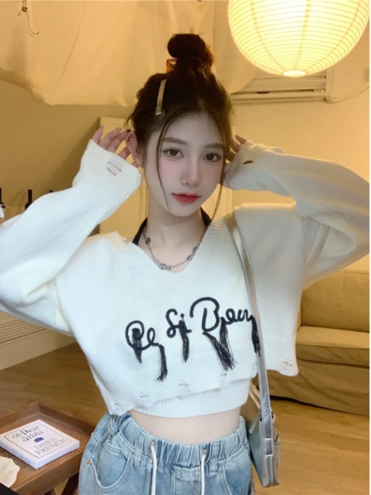 

Женский свитер American Sle Pure Desire с надписью V-Ne, осень-зима, новый комплект из двух предметов Sle Spicy Girl Choker с кисточками