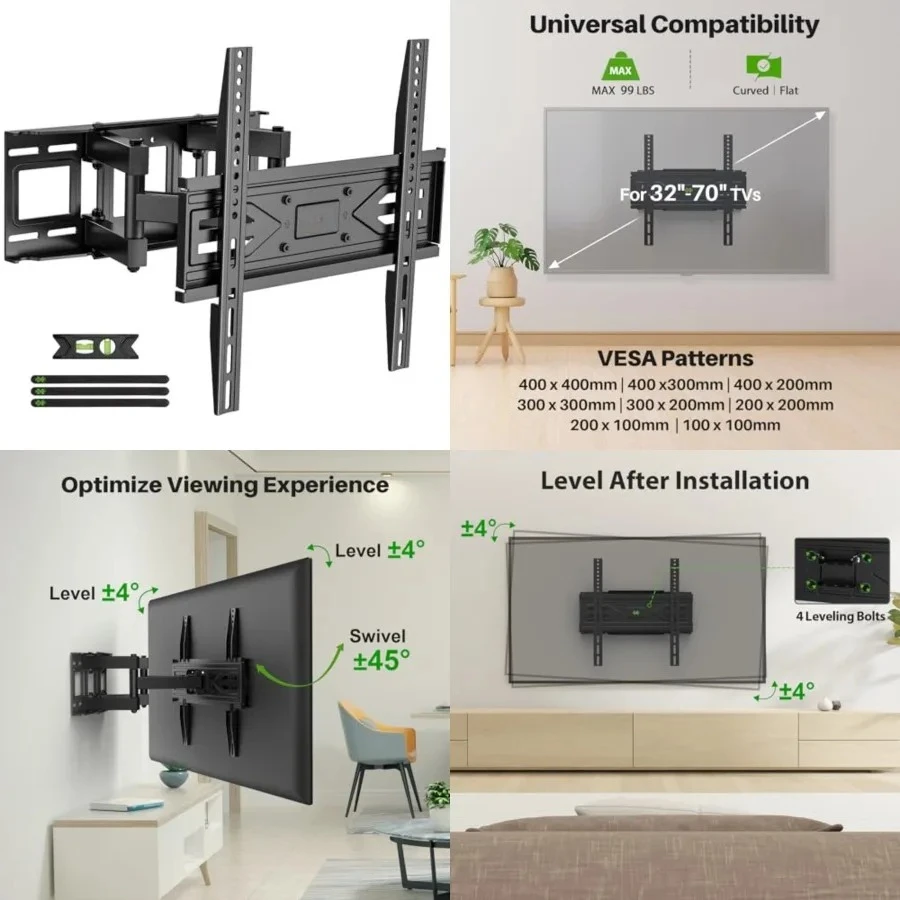 

Full Motion TV Wall Mount for Most 32-70 inch TVs up to 99 lbs, Wall Mount Bracket with Dual Articulating Arms, Swivel, Tilt, Max VESA 400x400mm, TV Mount Fits 12”/16” Wood Studs