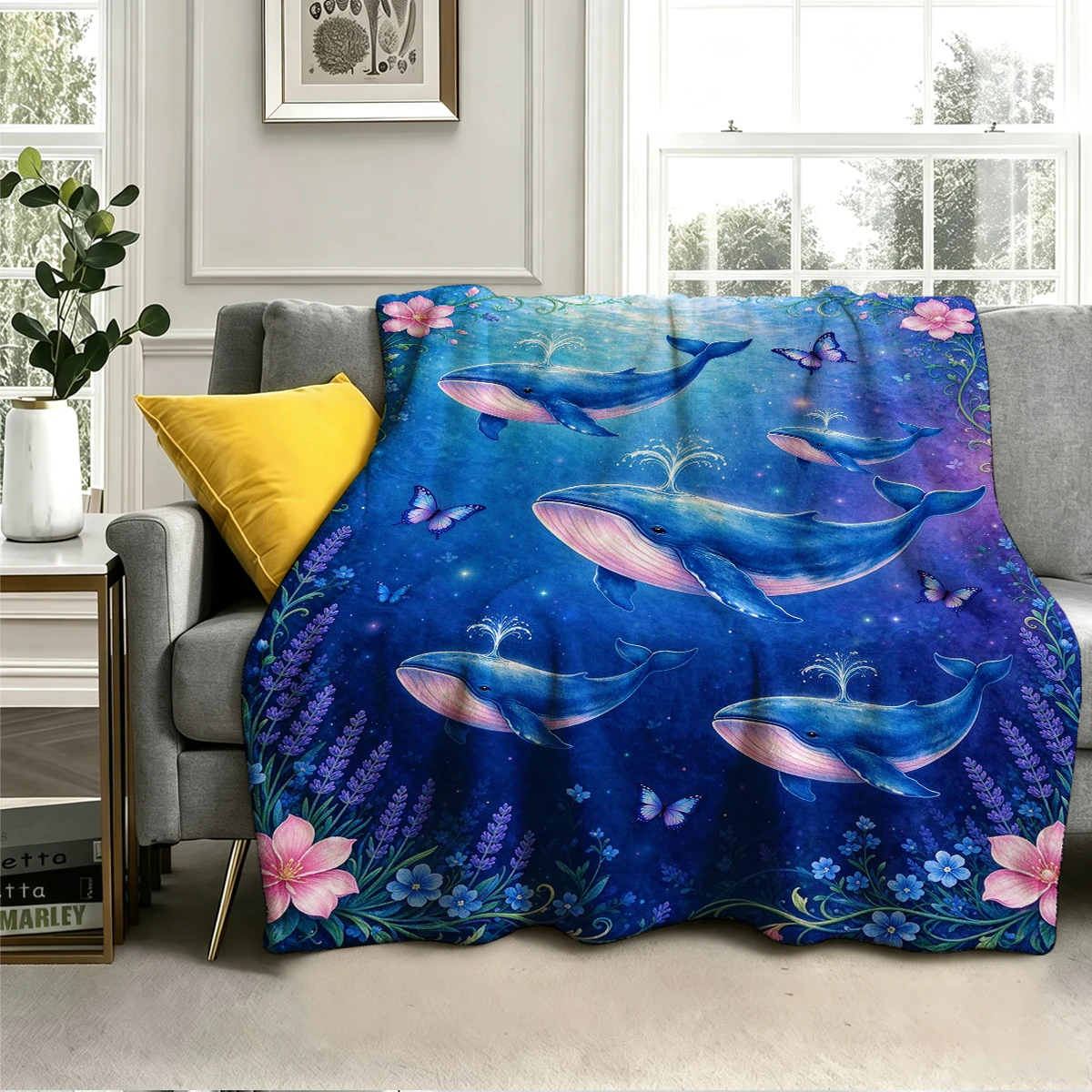 Blue Whale Pod Lav Flannel Blanket Warm Soft Halloween Christmas Decorative Couch Warm Cozy All-Season Gift