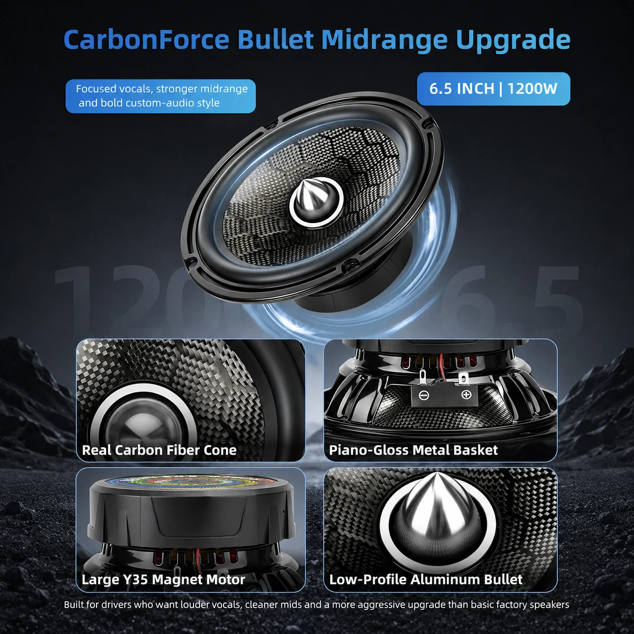 XPIAA 2pcs 6.5inch Carbon fiber bullet-shaped low and mid-range speaker 1200W peak 4ohm High-Fidelity Surround Sound Quality