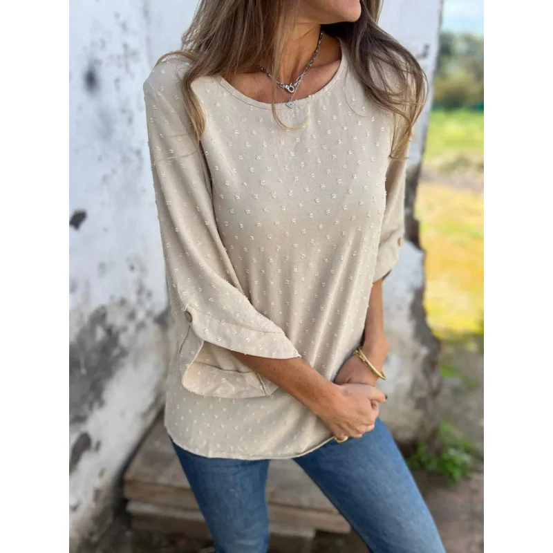 

All Seasons and Casual Hangouts Versatile Casual Dot Blouse Three Quarter Sleeves Button Details Suitable
