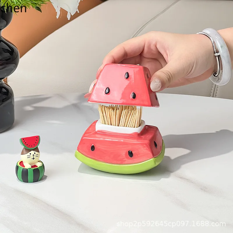 

HYS creative watermelon toothpick floss holder toothpick jar living room home ceramic cotton swab storage jar decorative