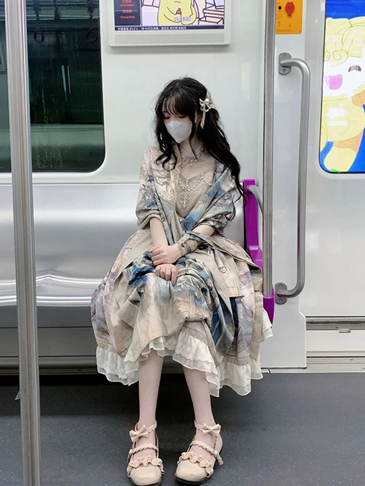 

Elegant Sweet Oil Painting Lolita JSK Dress with Shawl Princess Court Style Two-Piece Set High Waist A-Line Skirt Short Sleeve
