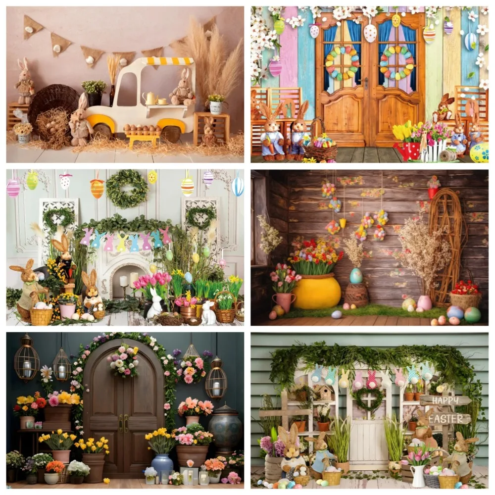 

Spring Easter Rabbit Wreath Theme Banner Photography Backdrop, Children's Birthday Party Decoration Photography Studio Backdrop