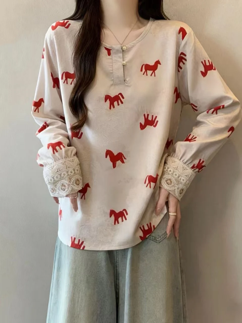 

New Chinese Style Acidic Satin Shoulder Shirt Women's plus Size Irregular Top Spring 2026 Commute Fashion Loose Fit Long Sleeve