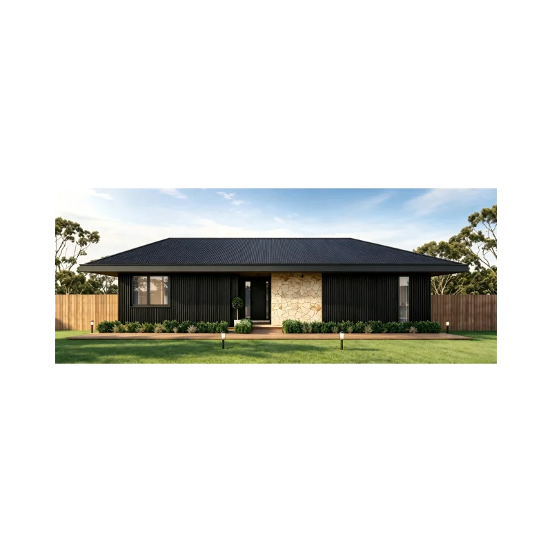 Prefabricated House Modern Black Vertical Cladding Modular Home  Villa With Stone Accent Wall