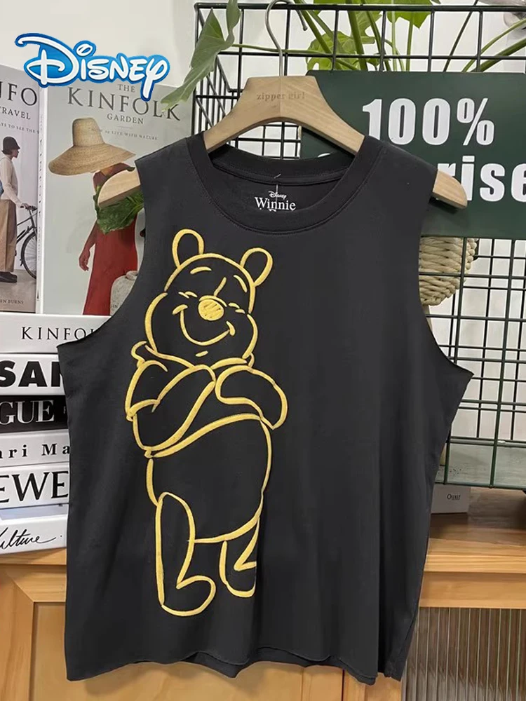 

Футболка с мультяшным принтом Disney Winnie the Pooh Bear, пуловер с круглым вырезом, майка без рукавов, модный женский жилет, топ, женская уличная одежда