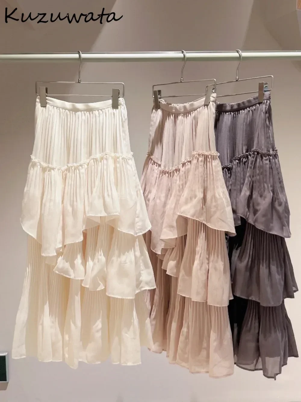 Kuzuwata Casual All-match Sweet Femme Skirt Mid-length Ruffles Pleated Cake Faldas Japan High Waist Chiffon High Street Skirts