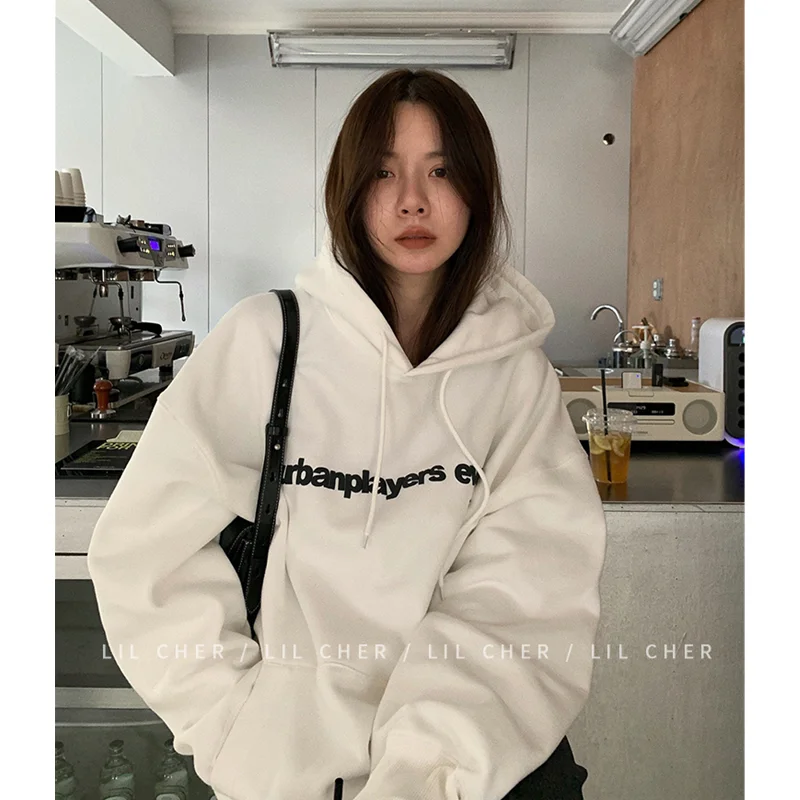 Women Navy Blue Sweatshirt Letter Print Warm Korean Fashion Leisure Loose Winter Long Sleeves Drawstring Hooded Pullover Tops