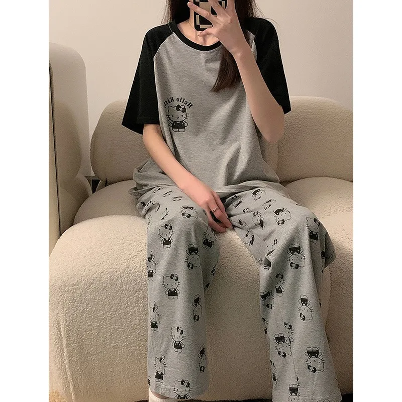 Spring Autumn Women Hello Kitty Pajamas Y2k Tops Tees Pants Set Kawaii Long Sleeve T-shirts Long Pants Home Wear Nightgown