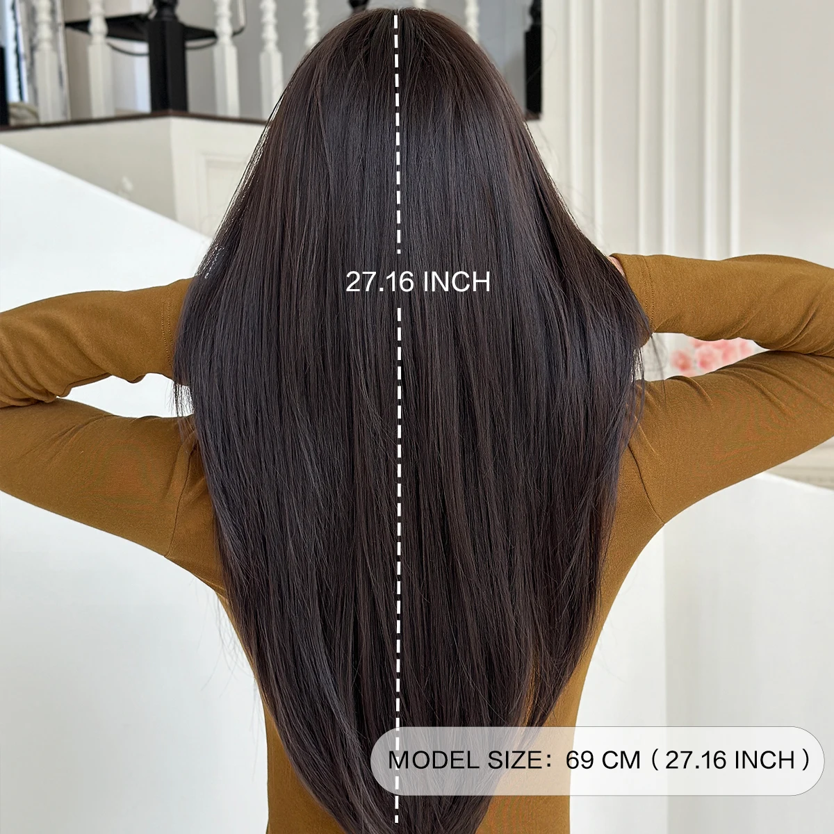 Long Straight Dark Brown Wig High Density Synthetic Middle Part Wigs with Curtain Bangs for Women Daily Party Use - view 4