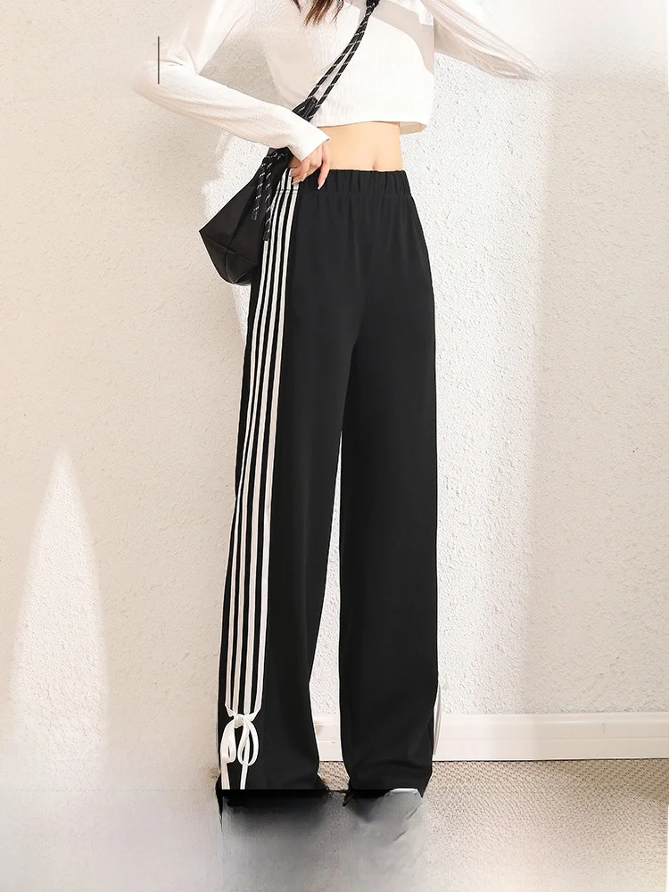 ハイウエスト-ワイドレッグ-スポーツパンツ-レディース-秋-カジュアル-ルーズ-ストレートカット-スウェットパンツ-ブラック-蝶ネクタイ-ポリエステル-コットンブレンド