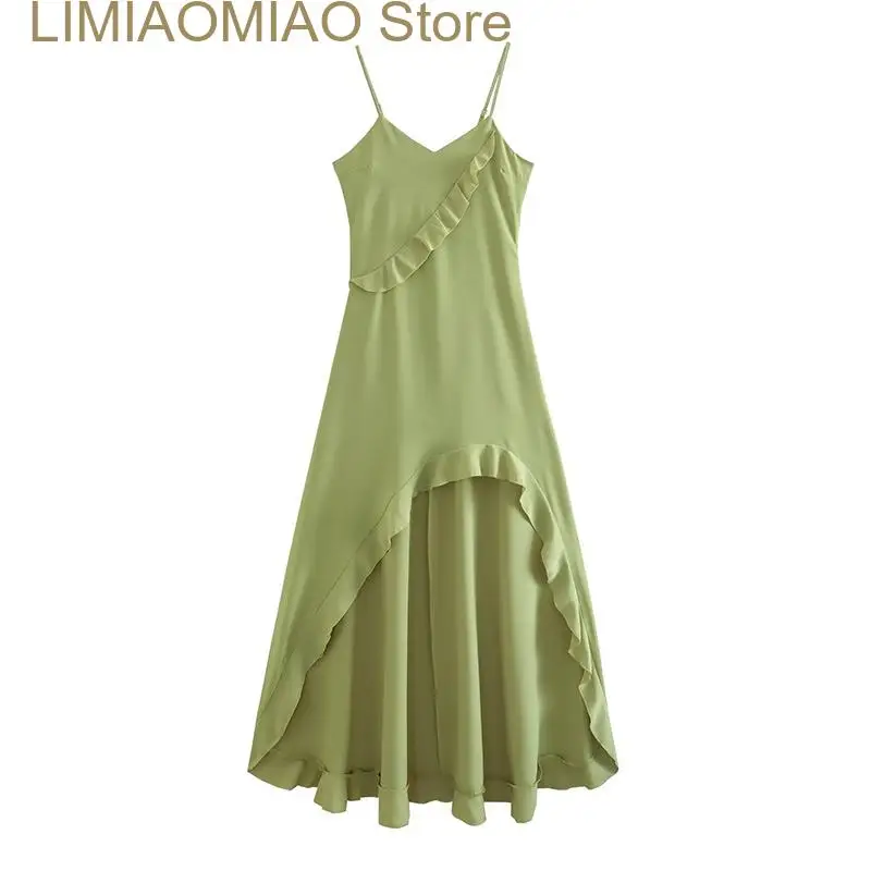 New Green Ruffle Slip Dress Women Sexy V-neck Sleeveless Long Dresses Female Summer Fashion Slim Zipper Ladies Vestidos