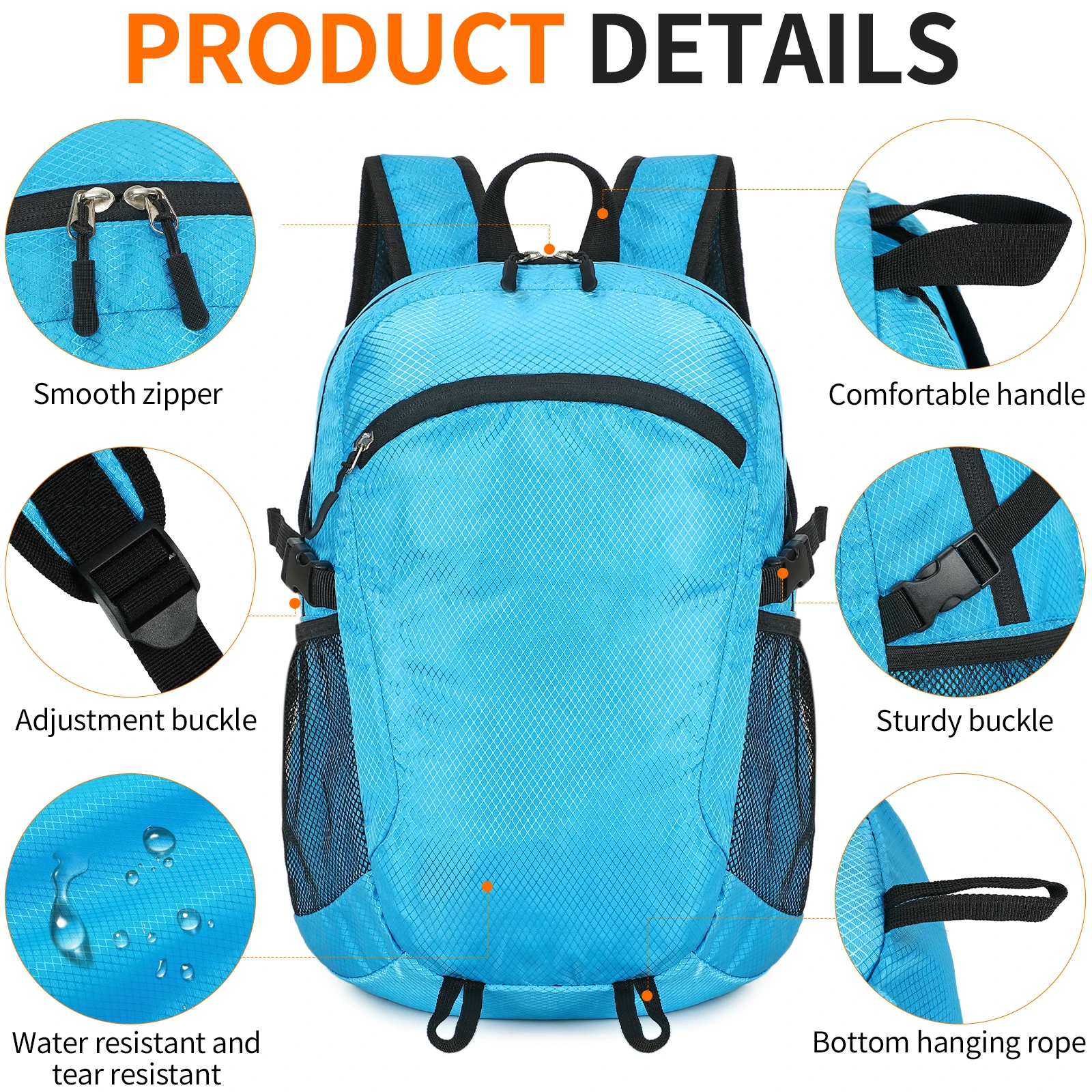 Mochila de nylon 300D de 15 litros, ultraleve, pesando apenas 0,24 kg. Mochila diária resistente à água e dobrável, que pode ser dobrada e colocada no bolso para viagens, atividades ao ar livre e uso diário.