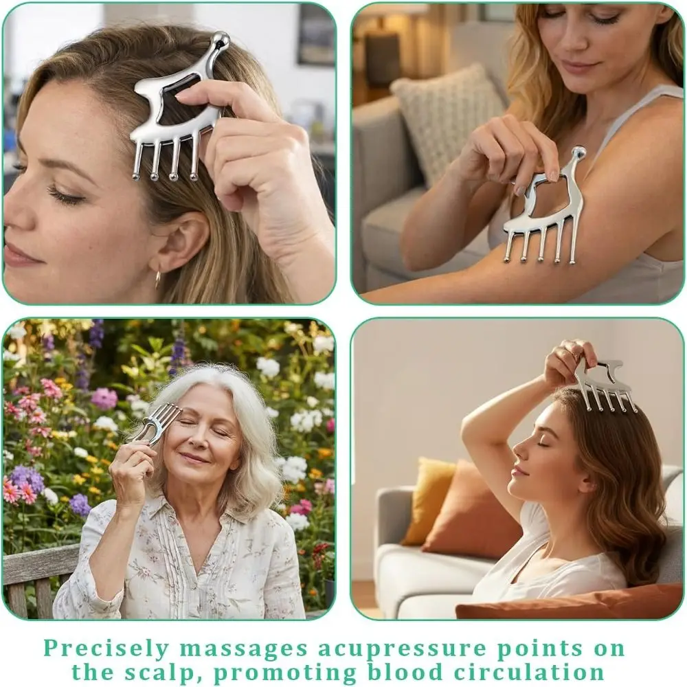 

Creative Gift with Handle Scalp Massage Comb 5 In 1 Stainless Steel Scalp Massage Tool Protable Gua Sha Facial Tool