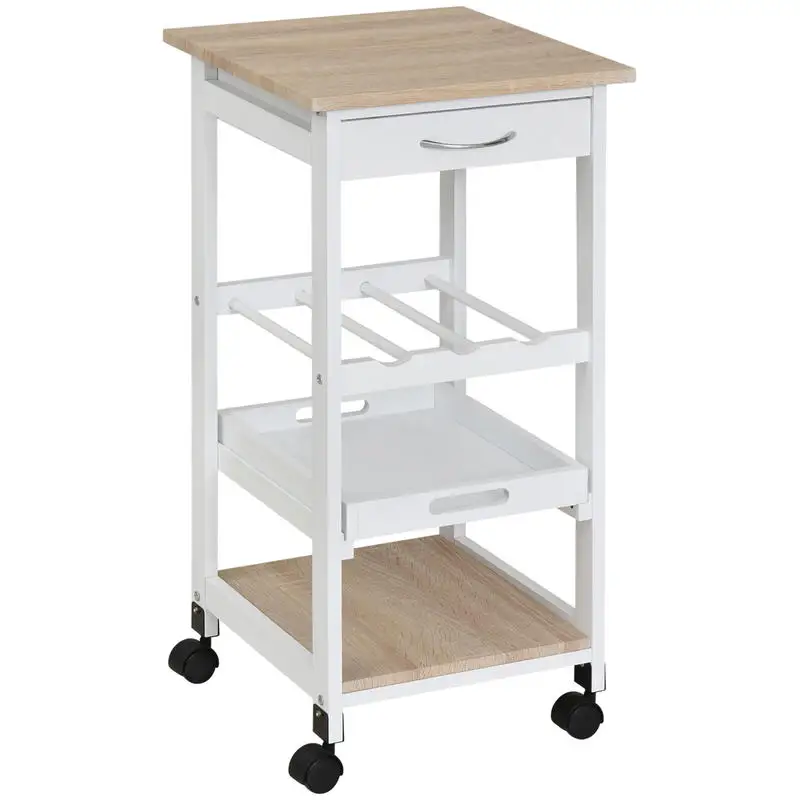 Chariot de service de cuisine sur roulettes 2 étagères + plateau amovible + tiroir en pin blanc et chêne clair