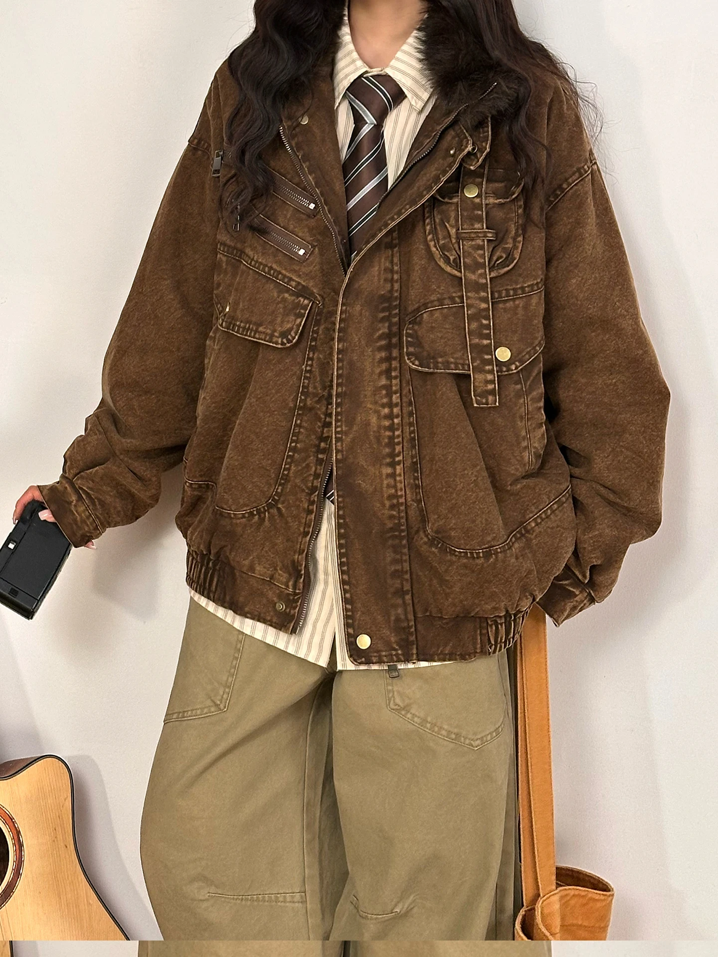 

Original American Retro Heavy Design Thi Cotton Jaet Winter Furry Collar Casual Cotton Outerwear Street Sle Loose Fit