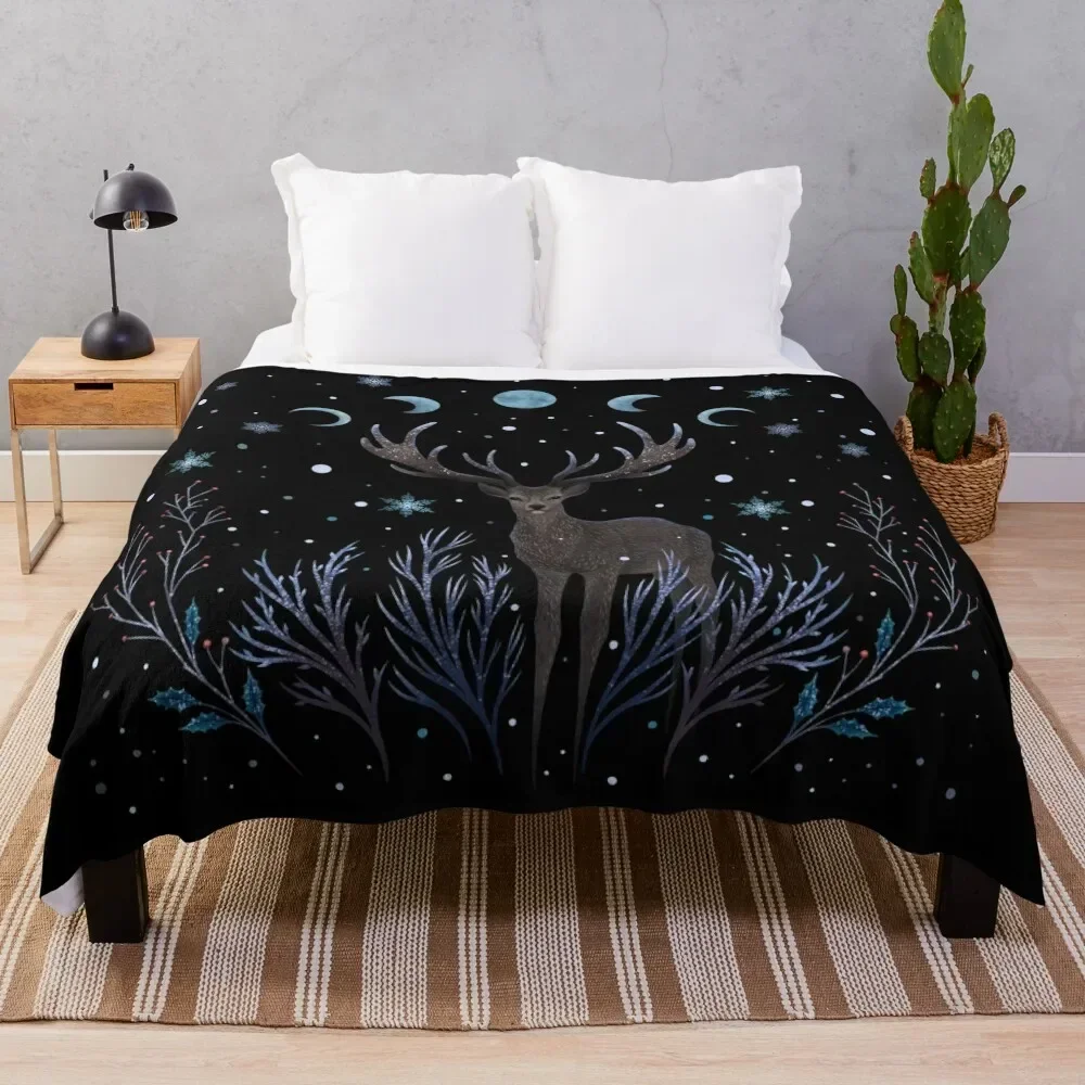 

Deer in Winter Night Forest Throw Blanket Sofas Furry warm for winter Blankets