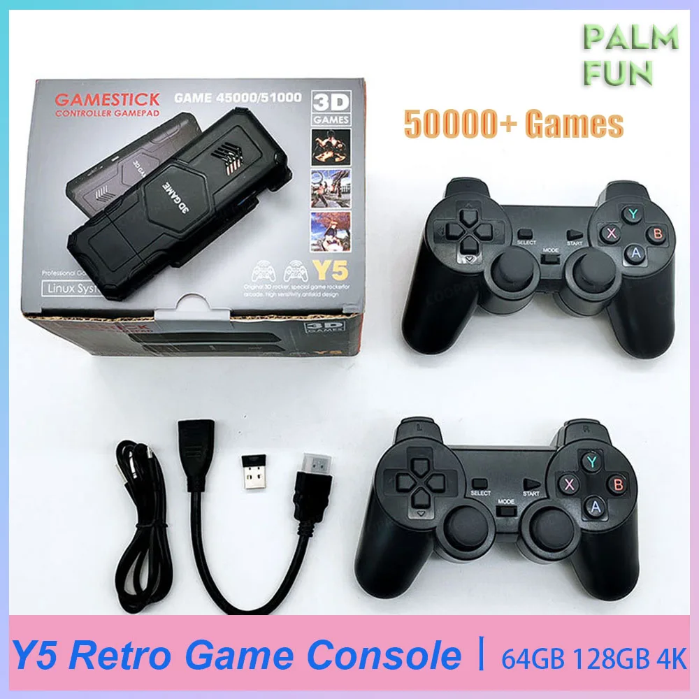 

Y5 Retro Game Console 64G 2.4G Double Wireless Controller Game Stick 128GB 4K Video Console 50000+ Games Support Multiplayer