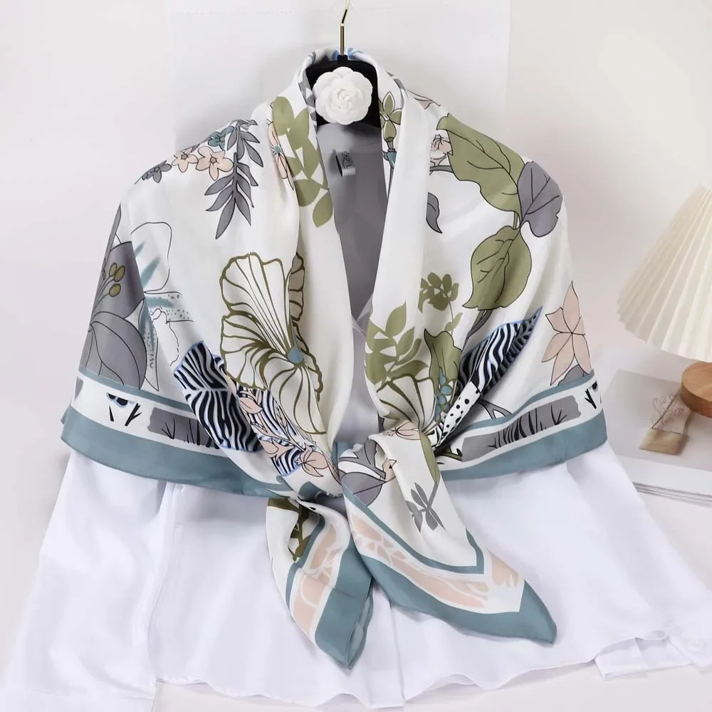 110*110cm Large Silk Scarves for Woman Spring Summer Sun Protection Kerchief Beautiful Flower Silk Scarf