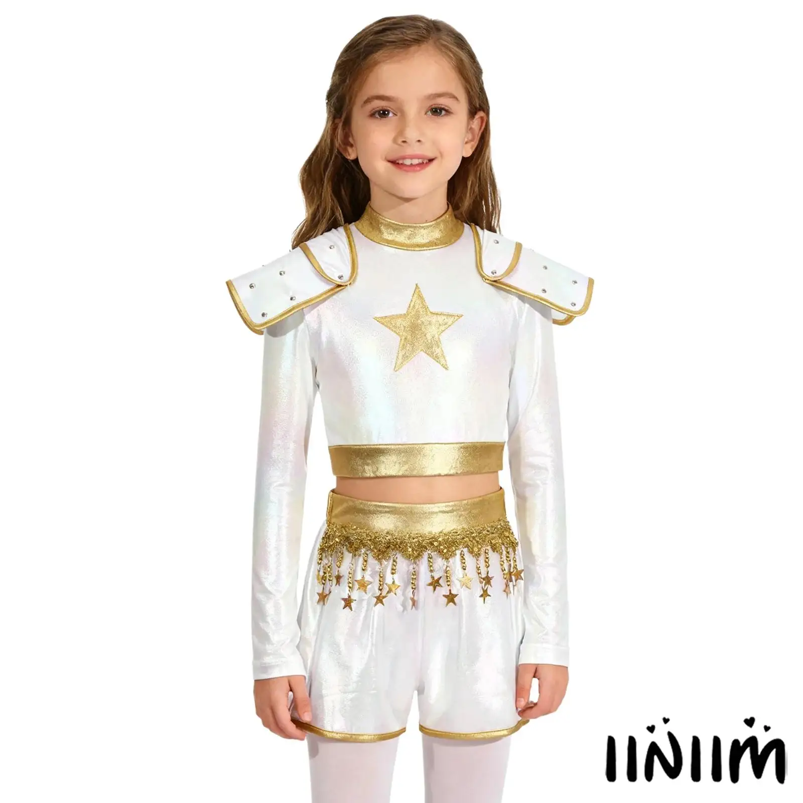 

Kids Girls Radiant Singer Costume Illusory Luster Long Sleeve Back Invisible Zipper Crop Top with Shorts Hot Star Cosplay Outfit