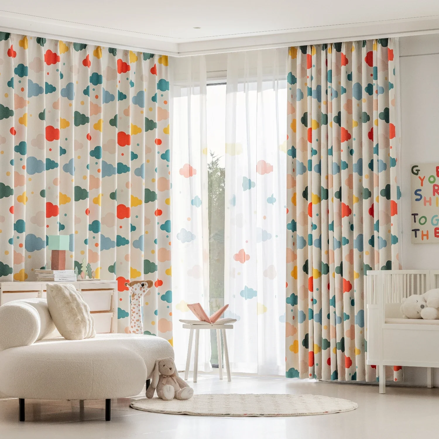 Colorful Cloud Print Blackout Curtains for Kids Room Thickened Chenille Cartoon Curtains for Baby Room Nursery Decor