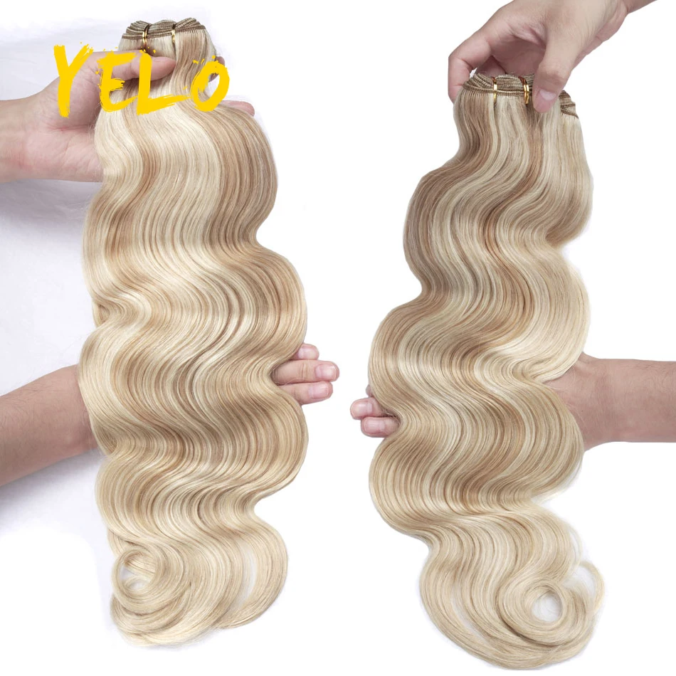 Yelo Body Wave Bundles Brazilian Highlight Human Hairs Weave Bundles  Real Remy Hair Extensions 12-26 Inch Wave Style Bulk Hair