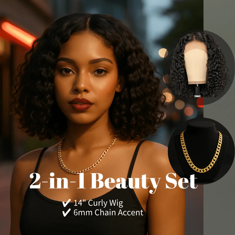 

14" Wavy Wigk & Gold Layered Necklace,Perfect For Date, Party, Concert & Daily Outfit,Date, Christmas, Halloween Outfit Set