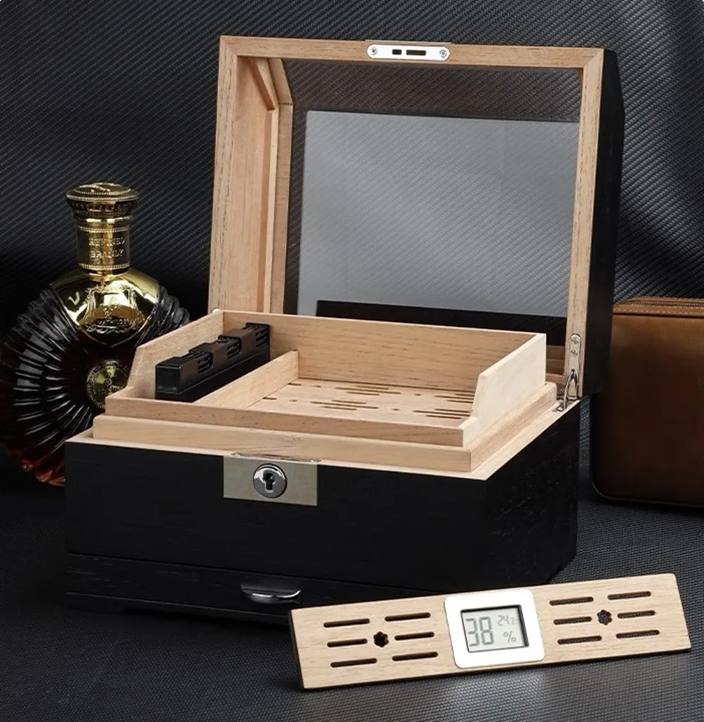 Cigar Box Made Of Double Layered Cedar Wood With A Large Capacity And Locked Seal, Featuring A Curved Perspective Window.