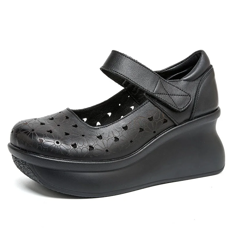 DRKANOL 2026 Fashion Women Wedges Heel 7cm Height Increasing Shoes Summer Hollow Out Printing Platform Breathable Cool Shoes