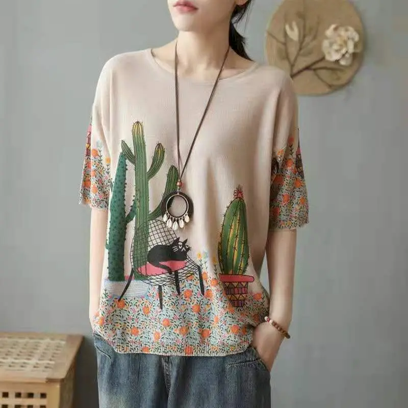Knitted T-shirts for Women Round-Neck Loose Oversized Tops Summer Trend Cactus Print T Shirt Fashion Retro Design Casual Tshirt