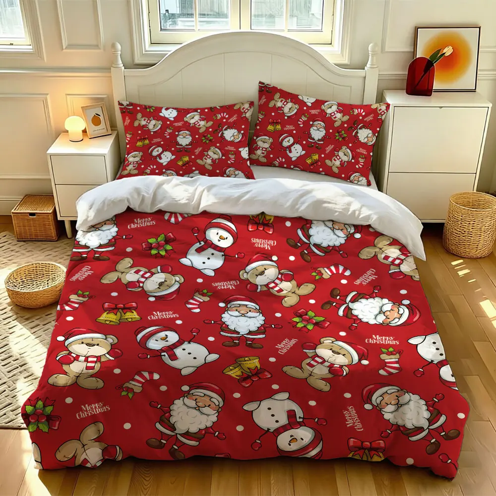 A set of 3 pieces (1 bedspread + 2 pillowcases) featuring red Christmas-themed patterns Santa Claus for home decoration