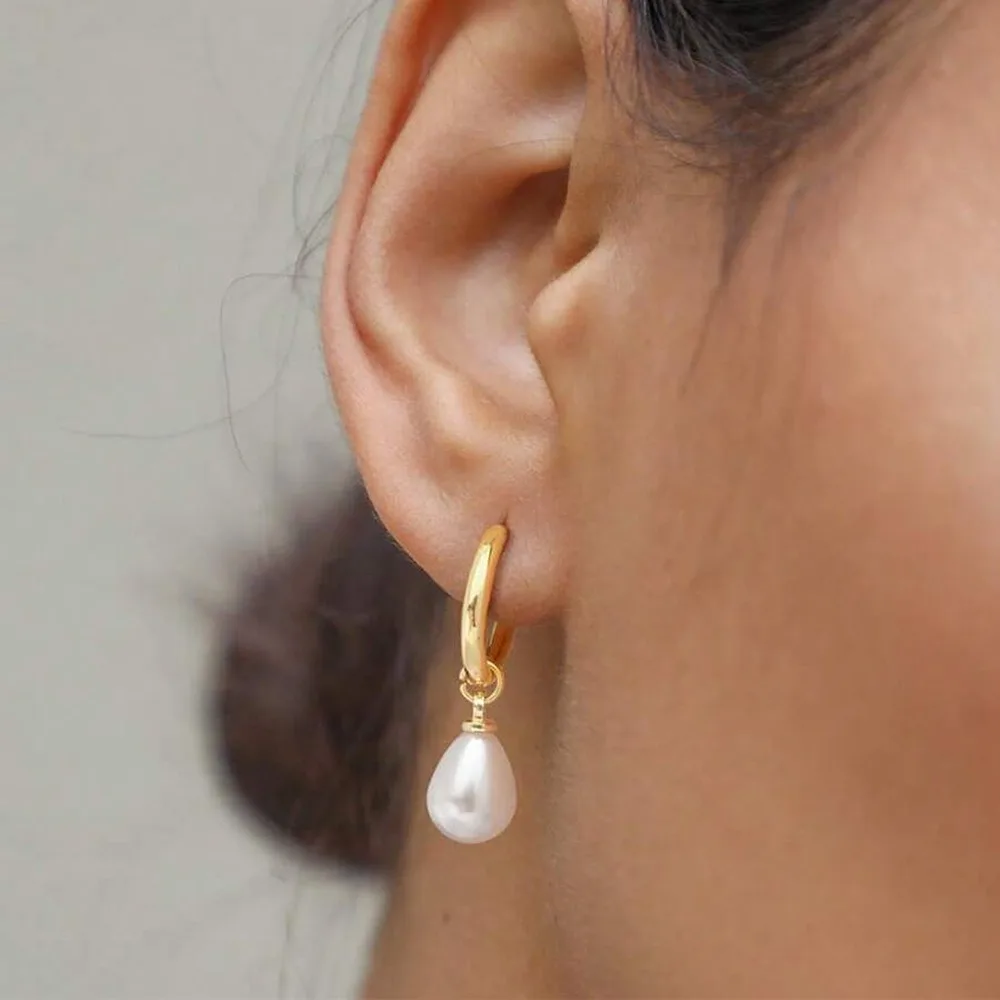 Simple Temperament Teardrop-shaped Imitation Pearl Pendant Stainless Steel Hoop Earrings for Women Daily Commuting Jewelry Gifts