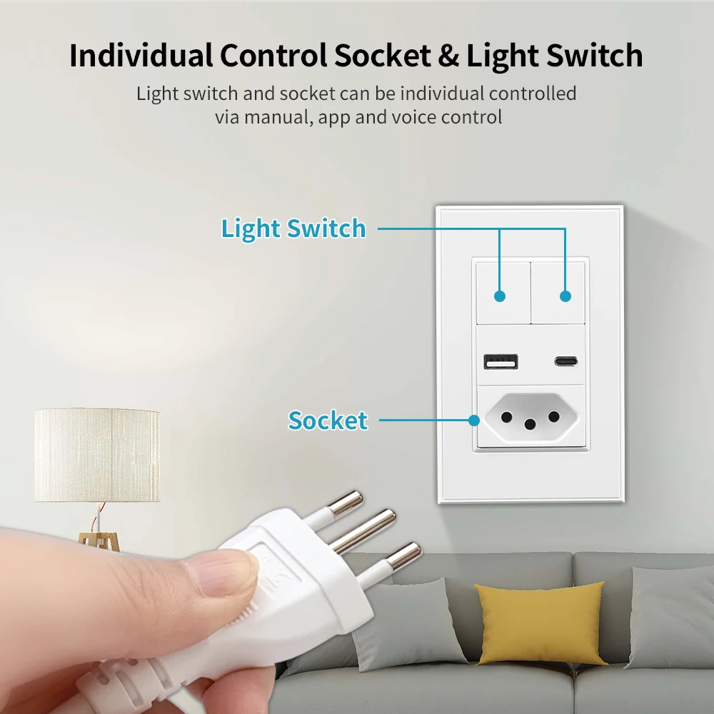 WiFi Smart Life Wall Switch&16A Socket Brazil Standard 4X2 Push Buttons Light Switch with USB Type C Tuya APP Alexa Google Home