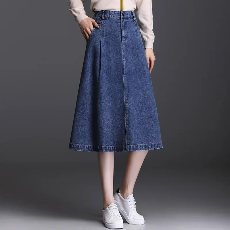 Spring Fall Women High Waisted Casual A Line Denim Mid Calf Skirt , Woman Autumn 3xl 4xl Skirts