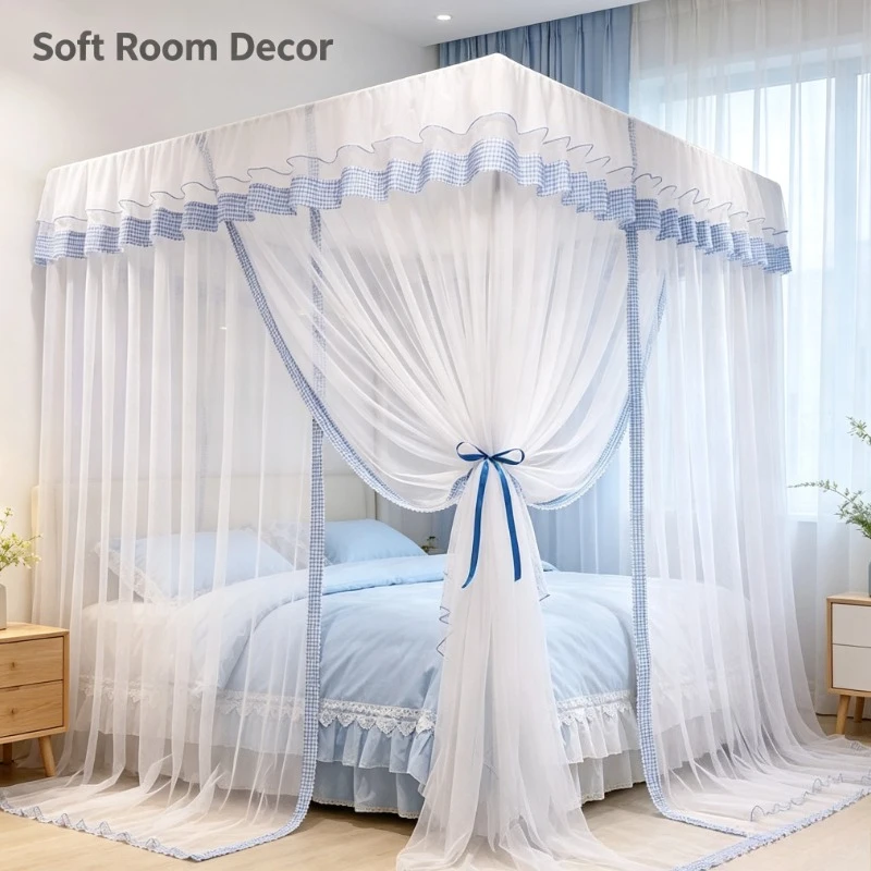 White Square Top Mosquito Net Palace Style Full Enclosure Bed Canopy for Bedroom Home Decor