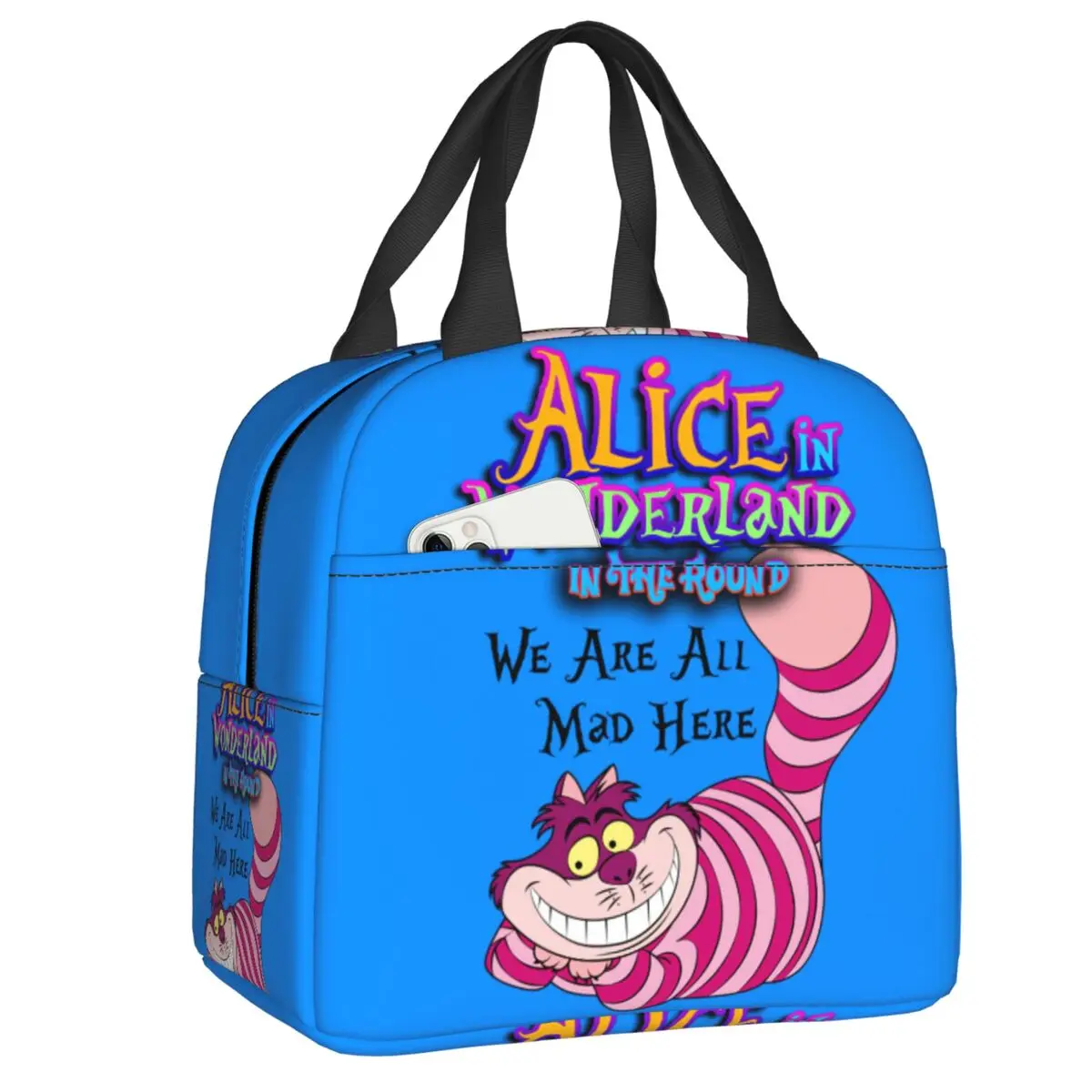 

Custom Alice In Wonderland Portable Lunch Box Women Waterproof Cheshire Cat Cooler Thermal Food Insulated Lunch Bag Office Work