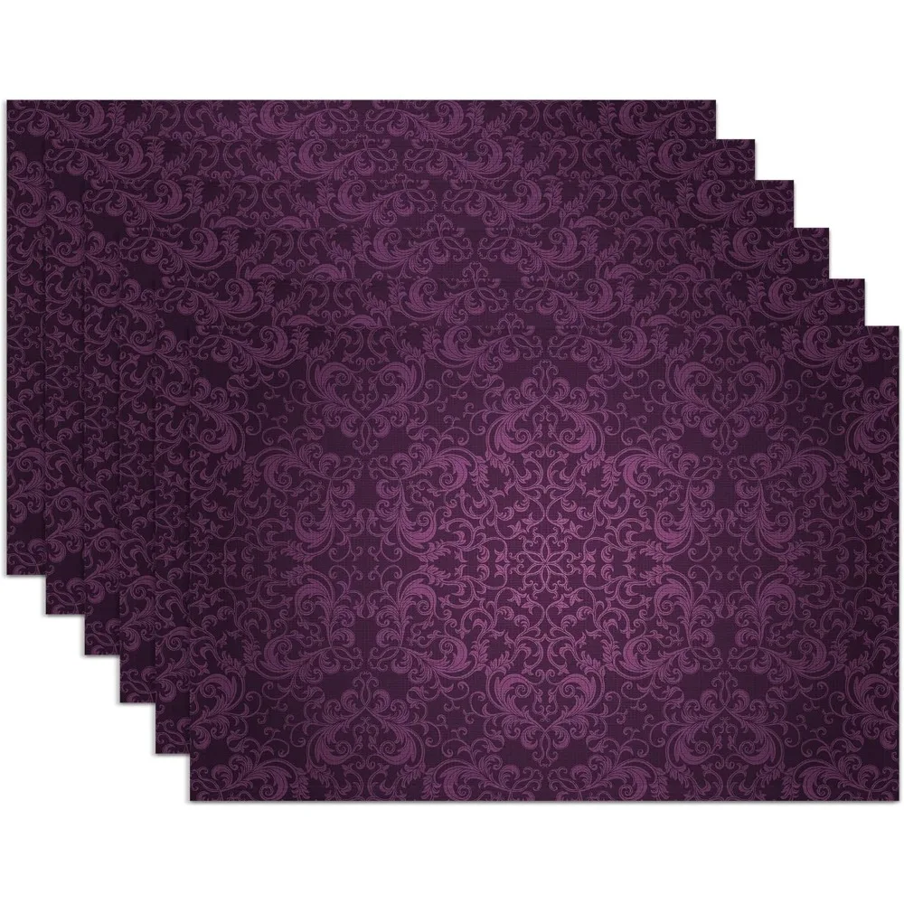 Eggplant Purple Floral Placemats Set Of 6,Washable Heat Resistant 12×18 Inch Linen Table Mats Flower Place Mats For Part