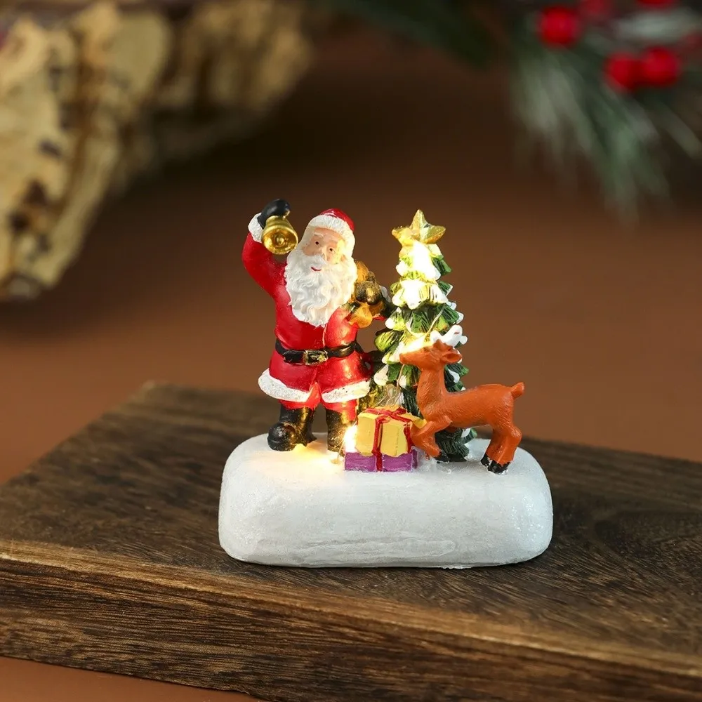 

Resin Christmas Village Houses Mini LED Light New Year Micro Landscape Snow View Santa Claus Xmas Ornament Desktop Decor