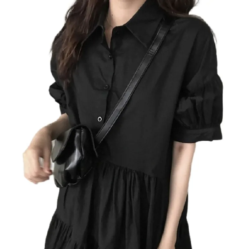 Summer New Sle plus Size Retro Bla Dr Women's Loose Meat Concealing ort Sve Dr  Collar High Waist A-Line S...