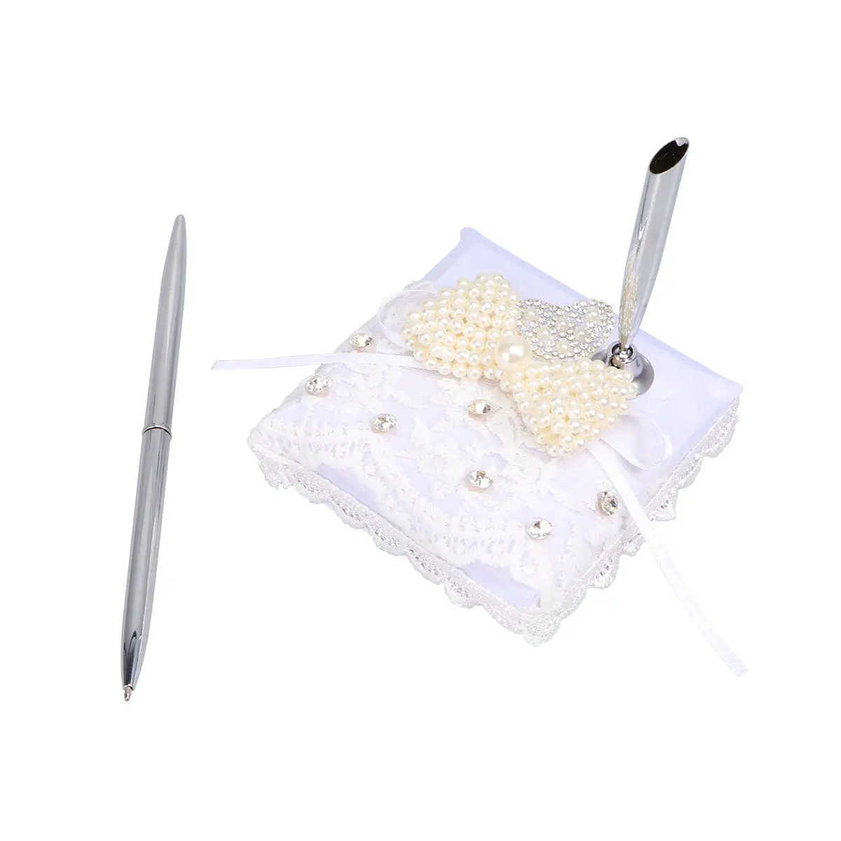 Wedding Pen Holder for Guest Book – Premium Density Board with Ribbon Bowknot & Heart Design