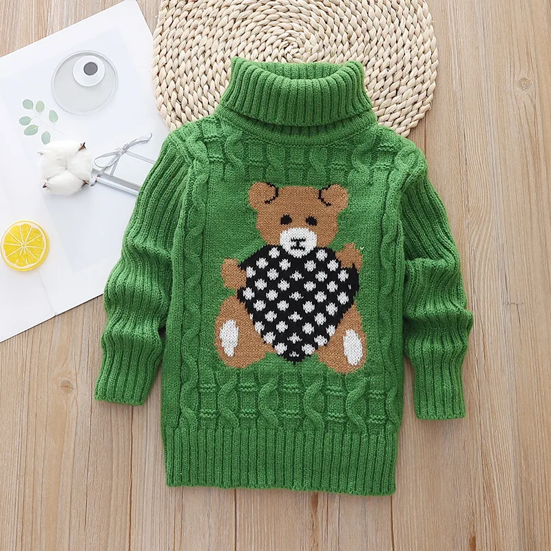 New Winter Keep Warm Girls Sweater Cartoon Bear Pattern High Neck Design Full Sleeve Knitted Shirt Children Birthday Present