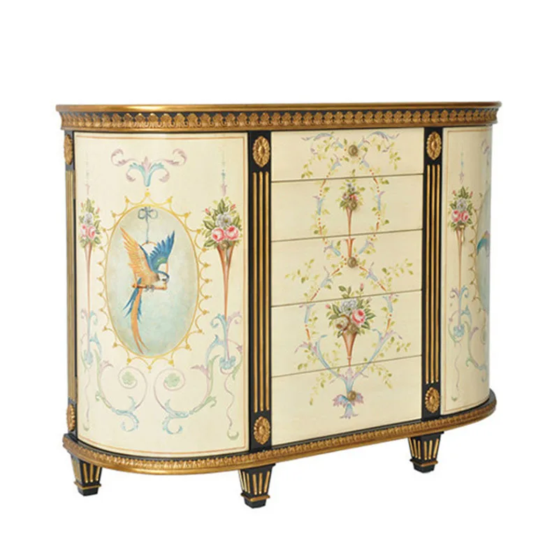 

meters storage cabinet multi-layer hand-painted flower and bird light yellow entrance cabinet villa foyer cabinet