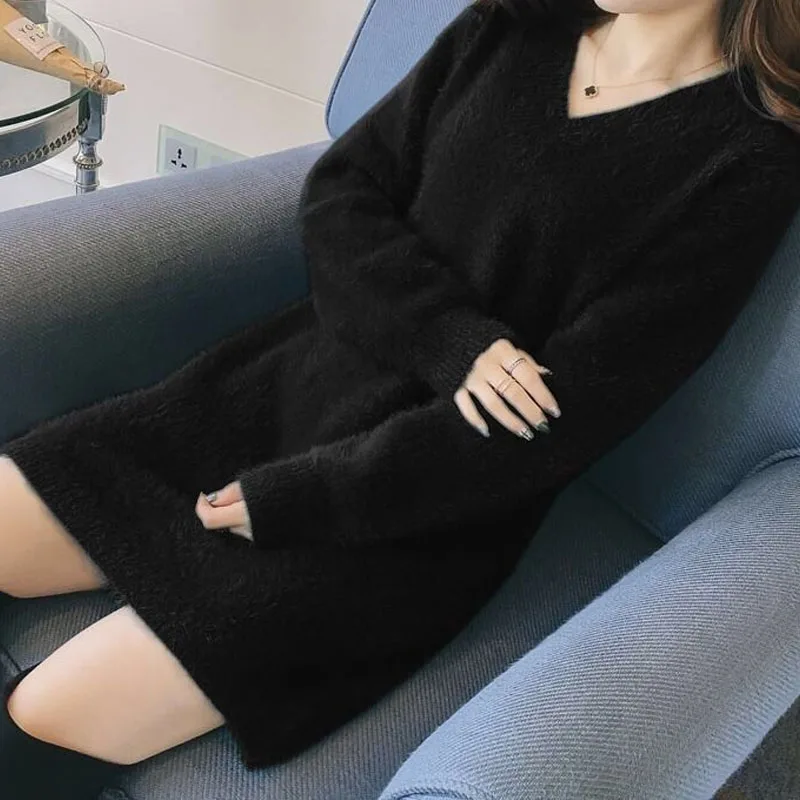 2023 Fashion Loose Solid Color V-Neck Women's Dresses Spring Autumn Korean Temperament Long Sleeve Mini Dress Female Clothing