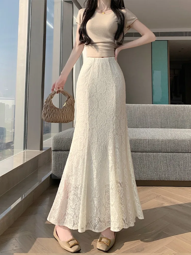 

Потрясающая кружевная юбка-обертка с завышенной талией, утягивающая, для повседневной носки, А-силуэт, фасон «рыбий хвост», женская модная юбка в корейском стиле из полиэфирного волокна